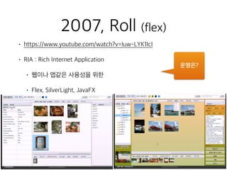 2007, Roll (flex)
운명은?
• https://www.youtube.com/watch?v=Iuw-LYK1IcI
• RIA : Rich Internet Application
• 웹이나 앱같은 사용성을 위한
• Flex, SilverLight, JavaFX
 