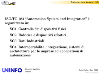 Milano, 6 Ottobre
Robot Safety Day 2015
Domenico Squillace
UNINFO
Automazione Industriale
ISO/TC 184 “Automation System and Integration” è 
organizzato in: 
SC1: Controllo dei dispositivi fisici
SC2: Robotica e dispositivi robotici
SC3: Dati Industriali
SC4: Interoperabilità, integrazione, sistemi di 
architettura per le imprese ed applicazioni di 
automazione
 