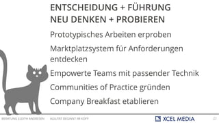AGILITÄT BEGINNT IM KOPFBERATUNG JUDITH ANDRESEN 27
ENTSCHEIDUNG + FÜHRUNG
NEU DENKEN + PROBIEREN
Prototypisches Arbeiten erproben
Marktplatzsystem für Anforderungen
entdecken
Empowerte Teams mit passender Technik
Communities of Practice gründen
Company Breakfast etablieren
 