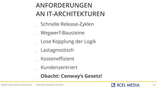 AGILITÄT BEGINNT IM KOPFBERATUNG JUDITH ANDRESEN 33
ANFORDERUNGEN
AN IT-ARCHITEKTUREN
_ Schnelle Release-Zyklen
_ Wegwerf-Bausteine
_ Lose Kopplung der Logik
_ Lastagnostisch
_ Kosteneffizient
_ Kundenzentriert
_ Obacht: Conway‘s Gesetz!
 