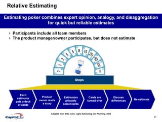 21
Relative Estimating
Adapted from Mike Cohn. Agile Estimating and Planning. 2005
Estimating poker combines expert opinion, analogy, and disaggregation
for quick but reliable estimates
Each
estimator
gets a deck
of cards
Product
owner reads
a story
Estimators
privately
select cards
Cards are
turned over
Discuss
differences Re-estimate
 Participants include all team members
 The product manager/owner participates, but does not estimate
Steps
 