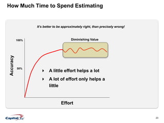 23
How Much Time to Spend Estimating
 A little effort helps a lot
 A lot of effort only helps a
little
50%
100%
Accuracy
Effort
It’s better to be approximately right, than precisely wrong!
Diminishing Value
 