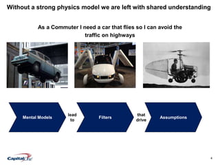 4
Without a strong physics model we are left with shared understanding
As a Commuter I need a car that flies so I can avoid the
traffic on highways
Mental Models Filters Assumptions
lead
to
that
drive
 