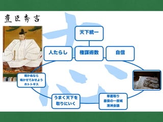 志
豊臣秀吉
天下統一
人たらし 権謀術数 自信
鳴かぬなら
鳴かせてみせよう
ホトトギス
うまく天下を
取りにいく
草履取り
墨俣の一夜城
清洲会議
 