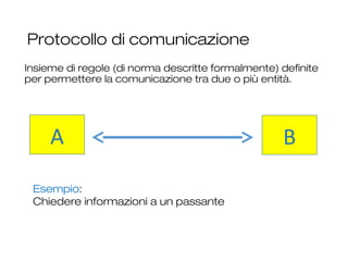 Protocollo di comunicazione
Insieme di regole (di norma descritte formalmente) definite
per permettere la comunicazione tra due o più entità.
8
A B
Esempio:
Chiedere informazioni a un passante
 