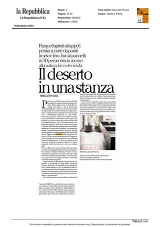 La Repubblica (ITA)
Paese: it
Pagina: 47-48
Readership: 2540000
Diffusione: 316583
Tipo media: Nationale Presse
Autore: Sibilla di Palma
08 Ottobre 2015
This article is intended for personal and internal information only. Reproduction or distribution is prohibited.
Page 1 / 3Fiemme 3000
 