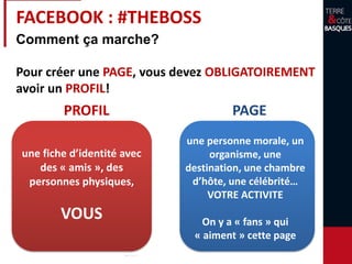 FACEBOOK : #THEBOSS
une fiche d’identité avec
des « amis », des
personnes physiques,
VOUS
PROFIL
une personne morale, un
organisme, une
destination, une chambre
d’hôte, une célébrité…
VOTRE ACTIVITE
On y a « fans » qui
« aiment » cette page
PAGE
Comment ça marche?
Pour créer une PAGE, vous devez OBLIGATOIREMENT
avoir un PROFIL!
 