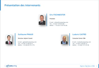 © 3
Présentation des intervenants
Eric FISCHMEISTER
Président
E-mail : efs@softcomputing.com
Tel : +33 (0)1 73 00 55 00
Mobile : + 33 (0) 6.72.07.03.66
Ludovic CASTRO
Consultant Senior CRM
E-mail : lcs@softcomputing.com
Tel : +33 (0)1 73 00 56 14
Mobile : +33 (0)6 73 74 18 46
Guillaume PINAUD
Directeur Adjoint Conseil
E-mail : gpi@softcomputing.com
Tel : +33 (0)1 73 00 56 10
Mobile : +33 (0)6 83 93 41 76
 