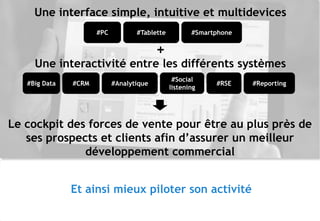 © 33
#Big Data
Une interface simple, intuitive et multidevices
Le cockpit des forces de vente pour être au plus près de
ses prospects et clients afin d’assurer un meilleur
développement commercial
Une interactivité entre les différents systèmes
+
#CRM #Analytique
#Social
listening
#RSE #Reporting
#PC #Tablette #Smartphone
Et ainsi mieux piloter son activité
 