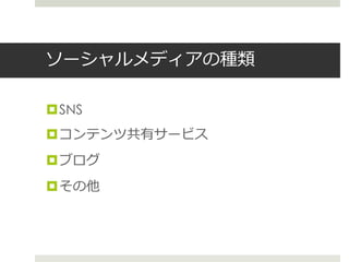 ソーシャルメディアの種類
SNS
コンテンツ共有サービス
ブログ
その他
 