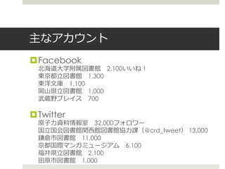 主なアカウント
Facebook
北海道大学附属図書館 2,100いいね！
東京都立図書館 1,300
東洋文庫 1,100
岡山県立図書館 1,000
武蔵野プレイス 700
Twitter
原子力資料情報室 32,000フォロワー
国立国会図書館関西館図書館協力課（@crd_tweet） 13,000
鎌倉市図書館 11,000
京都国際マンガミュージアム 6,100
福井県立図書館 2,100
田原市図書館 1,000
 