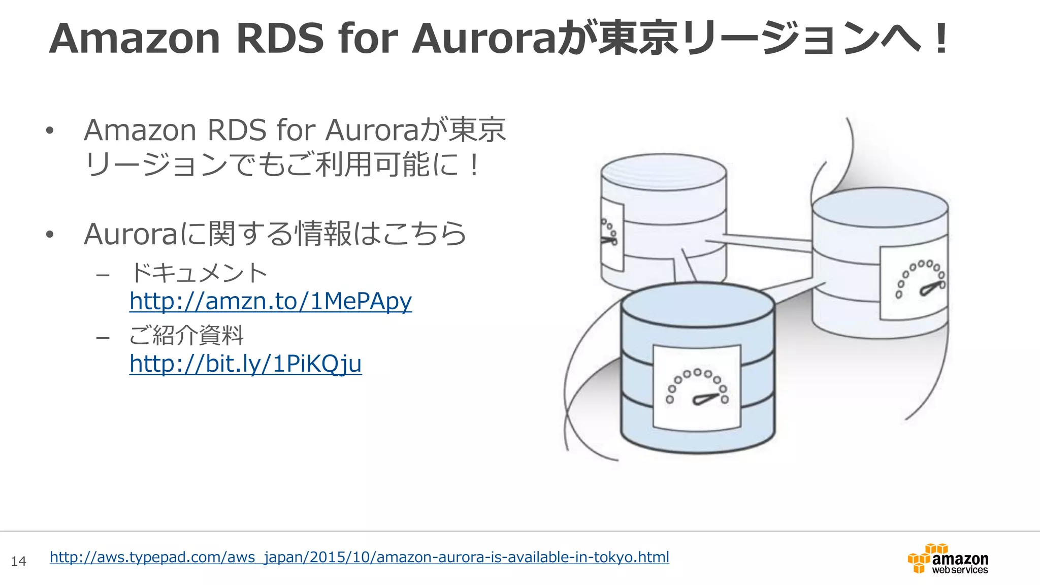 14
Amazon RDS for Auroraが東京リージョンへ！
• Amazon RDS for Auroraが東京
リージョンでもご利用可能に！
• Auroraに関する情報はこちら
– ドキュメント
http://amzn.to/1MePApy
– ご紹介資料
http://bit.ly/1PiKQju
http://aws.typepad.com/aws_japan/2015/10/amazon-aurora-is-available-in-tokyo.html
 