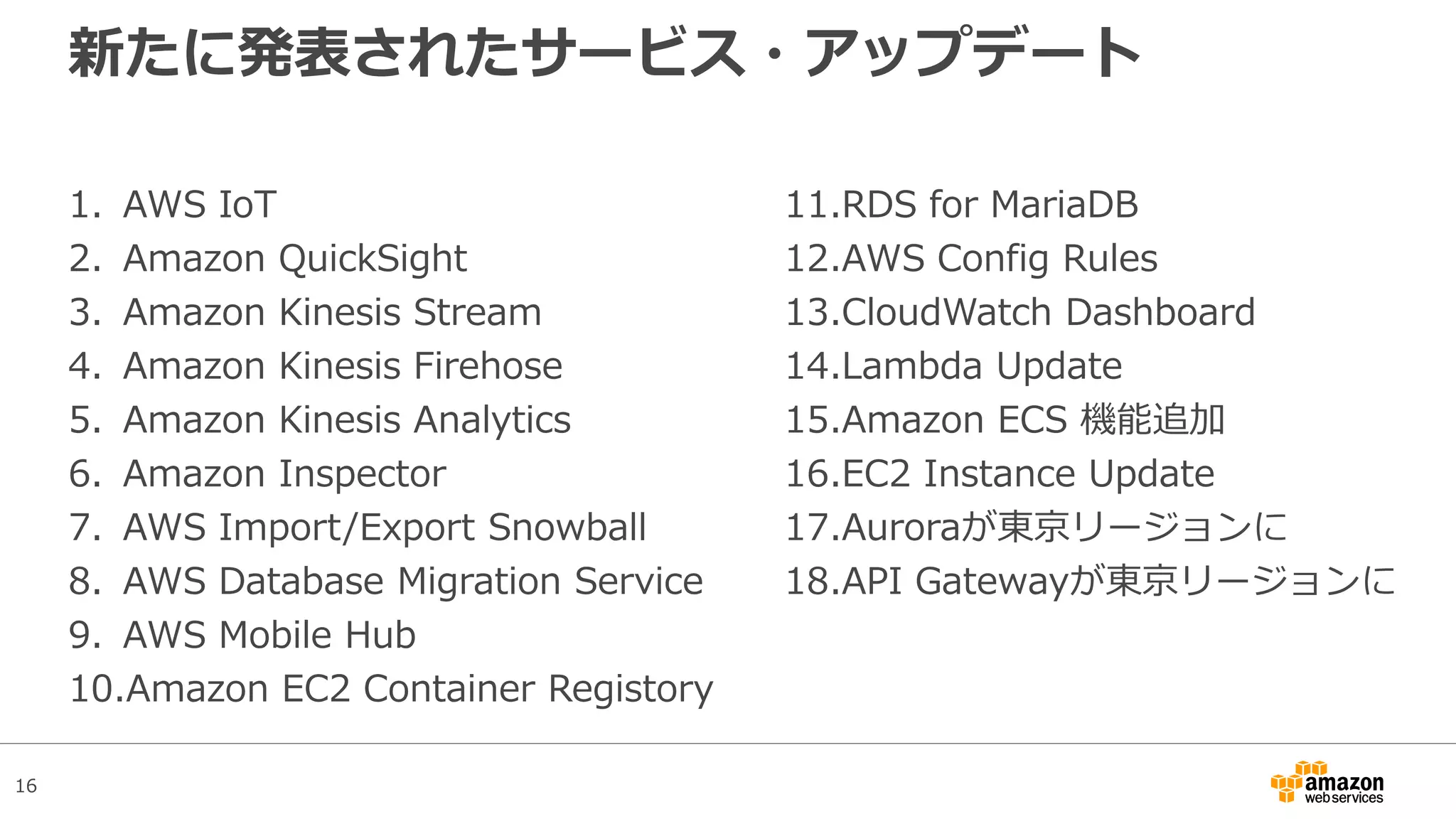 16
新たに発表されたサービス・アップデート
11.RDS for MariaDB
12.AWS Config Rules
13.CloudWatch Dashboard
14.Lambda Update
15.Amazon ECS 機能追加
16.EC2 Instance Update
17.Auroraが東京リージョンに
18.API Gatewayが東京リージョンに
19.CGWのIPアドレスが再利用可能に
20.新規EBSのPre-warmが不要に
1. AWS IoT
2. Amazon QuickSight
3. Amazon Kinesis Stream
4. Amazon Kinesis Firehose
5. Amazon Kinesis Analytics
6. Amazon Inspector
7. AWS Import/Export Snowball
8. AWS Database Migration Service
9. AWS Mobile Hub
10.Amazon EC2 Container Registory
 