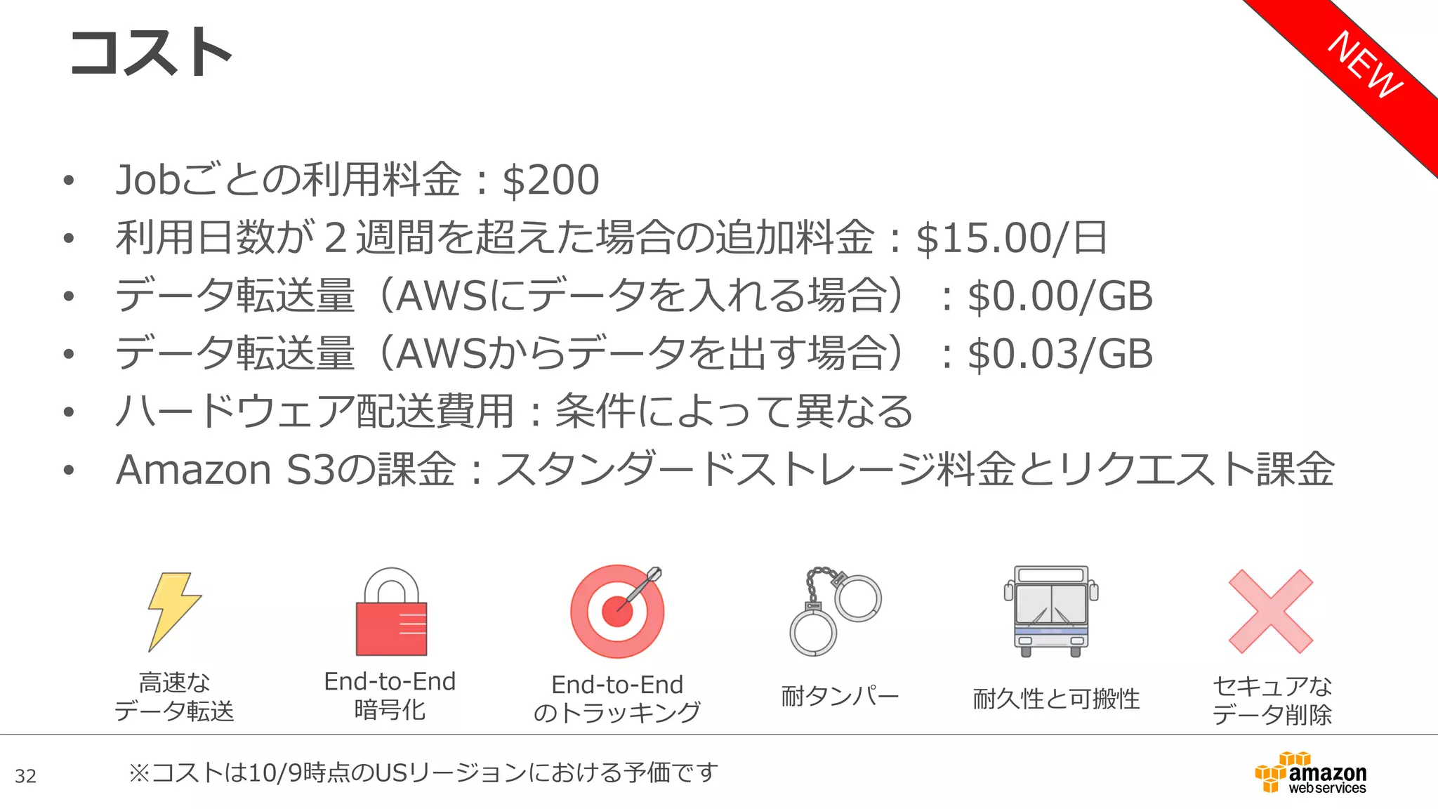 32
コスト
• Jobごとの利用料金：$200
• 利用日数が２週間を超えた場合の追加料金：$15.00/日
• データ転送量（AWSにデータを入れる場合）：$0.00/GB
• データ転送量（AWSからデータを出す場合）：$0.03/GB
• ハードウェア配送費用：条件によって異なる
• Amazon S3の課金：スタンダードストレージ料金とリクエスト課金
高速な
データ転送
End-to-End
暗号化 耐久性と可搬性耐タンパーEnd-to-End
のトラッキング
セキュアな
データ削除
※コストは10/9時点のUSリージョンにおける予価です
 