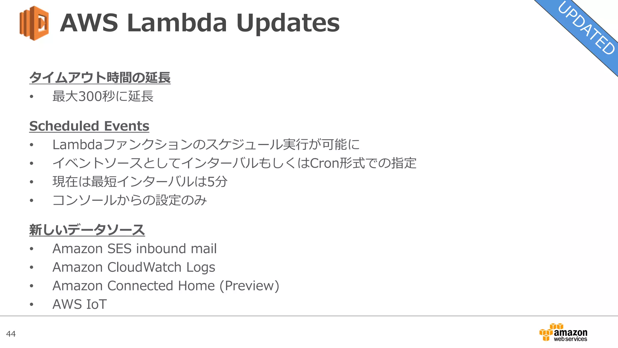 44
AWS Lambda Updates
タイムアウト時間の延長
• 最大300秒に延長
Scheduled Events
• Lambdaファンクションのスケジュール実行が可能に
• イベントソースとしてインターバルもしくはCron形式での指定
• 現在は最短インターバルは5分
• コンソールからの設定のみ
新しいデータソース
• Amazon SES inbound mail
• Amazon CloudWatch Logs
• Amazon Connected Home (Preview)
• AWS IoT
 