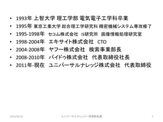 ? 1993 Ǵѧ ѧ 늚ӹѧI
? 1995 |Iѧ tѧо ܙCеƥ
? 1995-1998 ʽ ISо Iо
? 1998-2004 ʽ CTO
? 2004-2008 թ`ʽ IL
? 2008-2010 Хɥʽ ȡL
? 2011-F ˥Щ`ʥåʽ ȡ
2015/10/10 ˥Щ`ʥå`oܞd 2
 