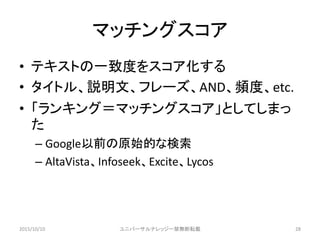 ޥå󥰥
? ƥȤһ¶Ȥ򥹥
? ȥ롢hġե`ANDlȡetc.
? 󥭥󥰣ޥå󥰥ȤƤޤ

C GoogleǰԭʼĤʗ
C AltaVistaInfoseekExciteLycos
2015/10/10 ˥Щ`ʥå`oܞd 28
 