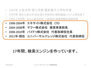 ? 1993 Ǵѧ ѧ 늚ӹѧI
? 1995 |Iѧ tѧо ܙCеƥ
? 1995-1998 ʽ ISо Iо
? 1998-2004 ʽ CTO
? 2004-2008 թ`ʽ IL
? 2008-2010 Хɥʽ ȡL
? 2011-F ˥Щ`ʥåʽ ȡ
17g󥸥äƤޤ
2015/10/10 ˥Щ`ʥå`oܞd 3
 