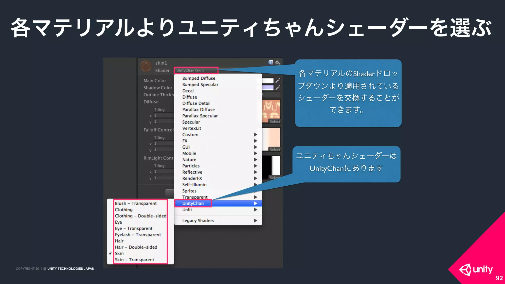 COPYRIGHT 2015 @ UNITY TECHNOLOGIES JAPANCOPYRIGHT 2014 @ UNITY TECHNOLOGIES JAPAN
92
各マテリアルよりユニティちゃんシェーダーを選ぶ
各マテリアルのShaderドロッ
プダウンより適用されている
シェーダーを交換することが
できます。
ユニティちゃんシェーダーは
UnityChanにあります
 