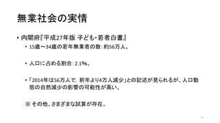 無業社会の実情
• 内閣府『平成27年版 子ども・若者白書』
• 15歳〜34歳の若年無業者の数：約56万人。
• 人口に占める割合：2.1％。
• 「2014年は56万人で，前年より4万人減少」との記述が見られるが、人口動
態の自然減少の影響の可能性が高い。
※ その他、さまざまな試算が存在。
13
 