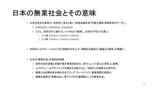 日本の無業社会とその意味
• 日本の完全失業率は、世界的に見ると低い（総務省統計局「労働力調査 長期時系列データ」）。
• 4.3%(2012)、4.0%(2013)、3.6%(2014)
• ただし、若年世代に限れば、6〜8％台で推移し、全世代平均よりも高い。
• 15-24歳：8.1%(2012)、6.9%(2013)、6.3%(2014)
• 25-34歳：5.5%(2012)、5.3%(2013)、4.6%(2014)
• 世界的にはグローバル化に伴う流動性の向上や、情報社会論的な「機械との競争」が課題に。
• 日本の「無業社会」の個別的特徴
• 独特の就労習慣と労働市場が無業を固定化。世代によって見える「景色」に差異。
• 人口ボリュームやラベリングの観点を加味すると、「深刻さ」の程度は比較不可。
• 無業と社会関係資本喪失のポジティブ・フィードバック、無業期間の長期化。
• 課題先進国の「無業社会」。東アジアの共通課題としての無業社会。
14
 