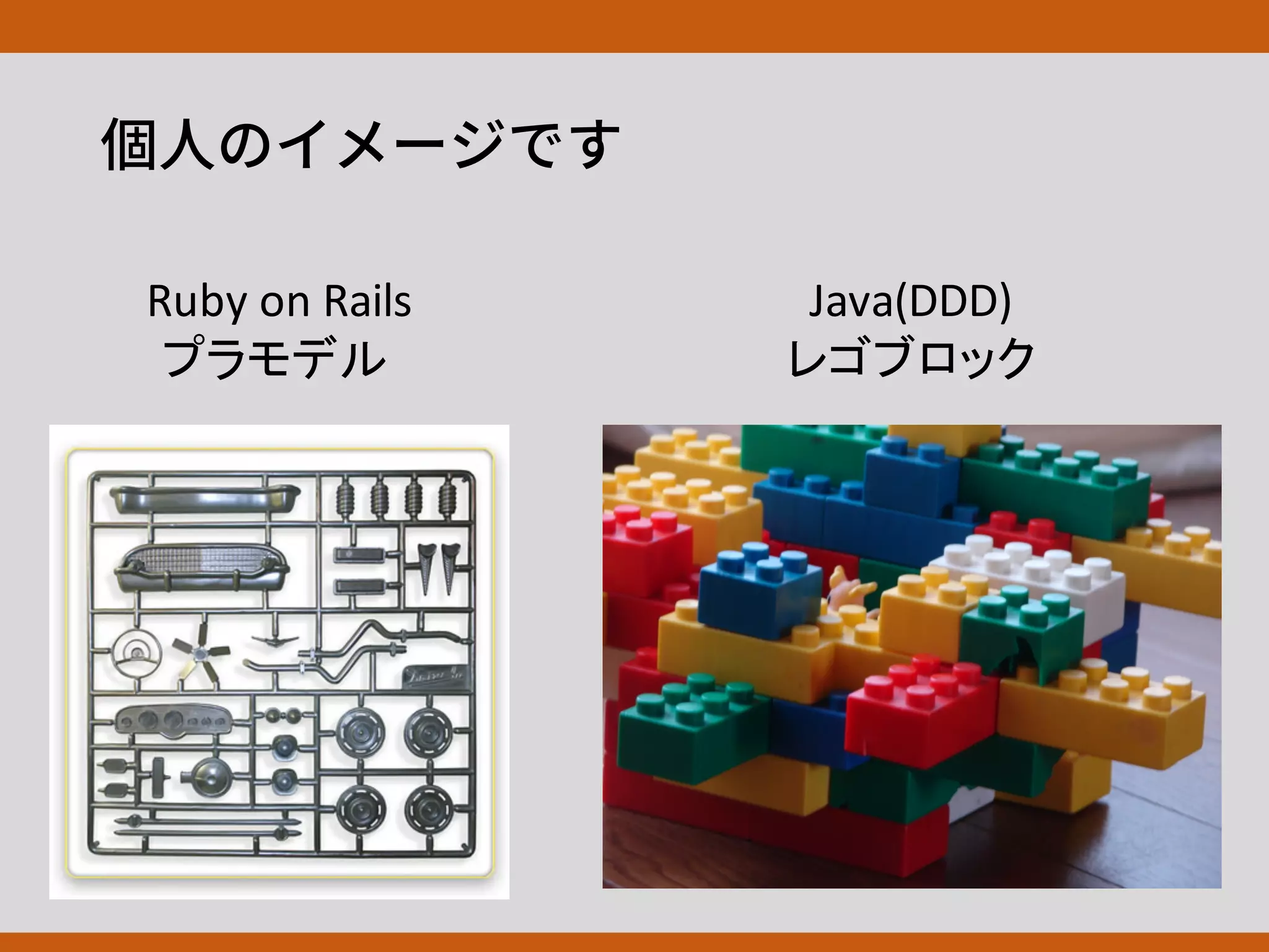 Ruby	on	Rails
プラモデル
Java(DDD)
レゴブロック
 
