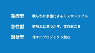 明らかに表面化するミスやトラブル
徐々にプロジェクト蝕む
前触れに気づかず、突然起こる
発症型
潜伏型
急性型
 