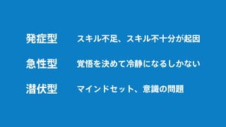 スキル不足、スキル不十分が起因
マインドセット、意識の問題
覚悟を決めて冷静になるしかない
発症型
潜伏型
急性型
 