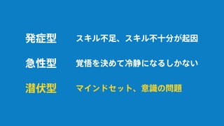 スキル不足、スキル不十分が起因
マインドセット、意識の問題
覚悟を決めて冷静になるしかない
発症型
潜伏型
急性型
 