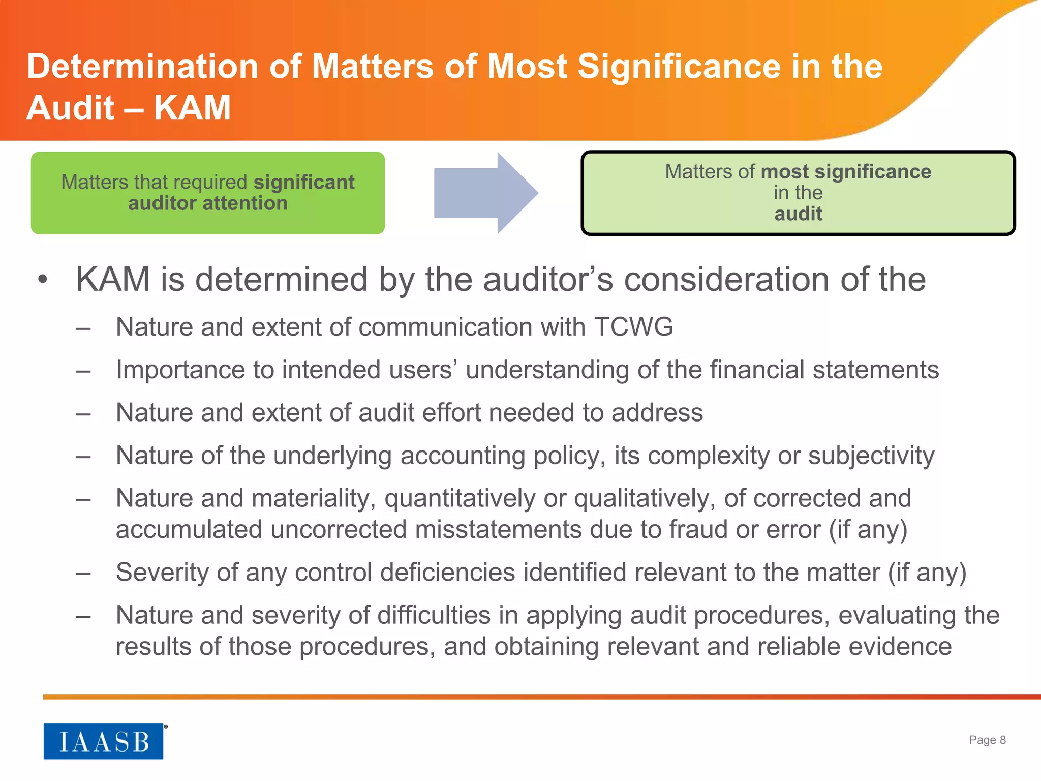 Page 8
Determination of Matters of Most Significance in the
Audit – KAM
• KAM is determined by the auditor’s consideration of the
– Nature and extent of communication with TCWG
– Importance to intended users’ understanding of the financial statements
– Nature and extent of audit effort needed to address
– Nature of the underlying accounting policy, its complexity or subjectivity
– Nature and materiality, quantitatively or qualitatively, of corrected and
accumulated uncorrected misstatements due to fraud or error (if any)
– Severity of any control deficiencies identified relevant to the matter (if any)
– Nature and severity of difficulties in applying audit procedures, evaluating the
results of those procedures, and obtaining relevant and reliable evidence
Matters that required significant
auditor attention
Matters of most significance
in the
audit
 