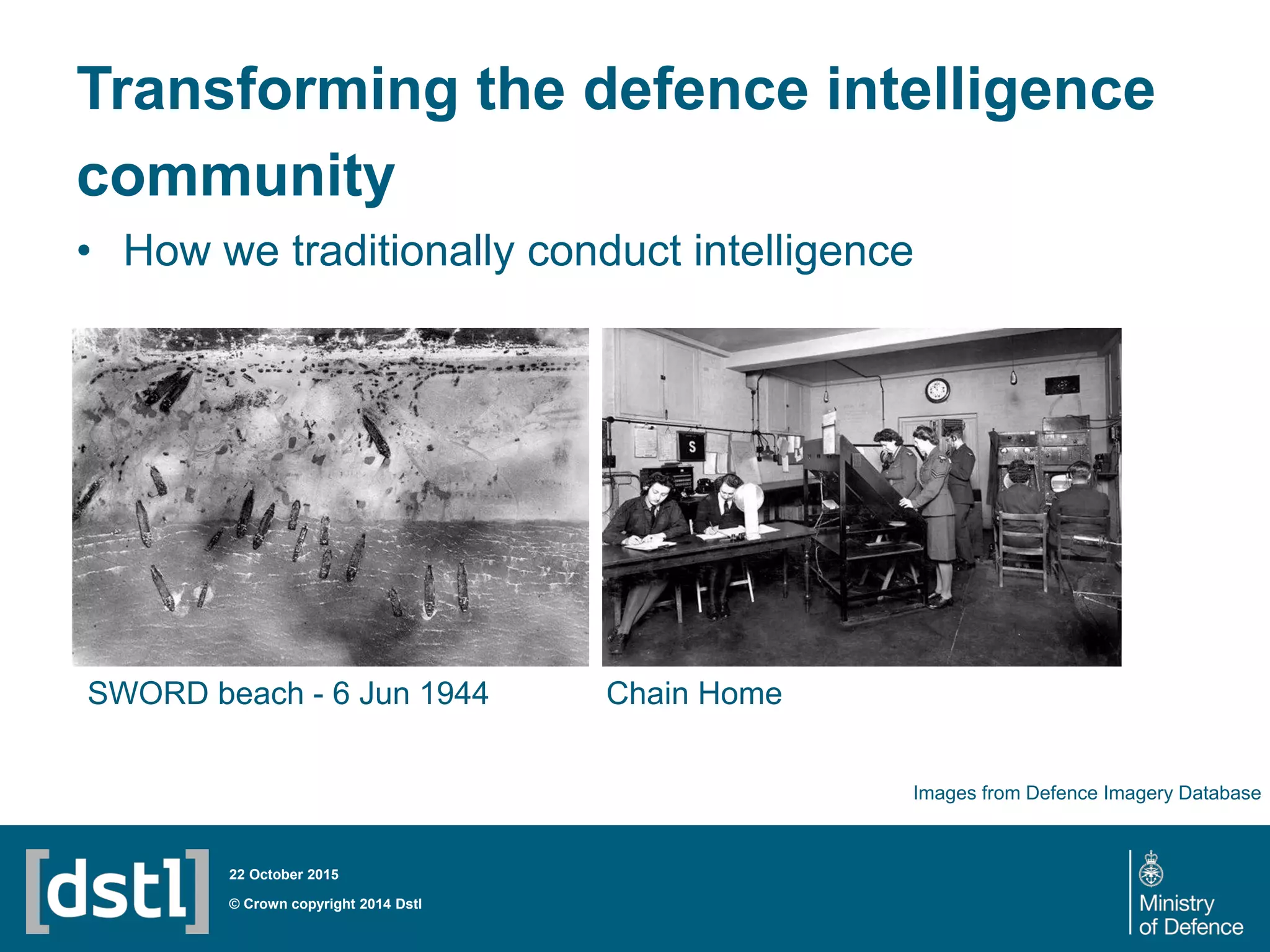 Transforming the defence intelligence
community
• How we traditionally conduct intelligence
© Crown copyright 2014 Dstl
22 October 2015
SWORD beach - 6 Jun 1944 Chain Home
Images from Defence Imagery Database
 