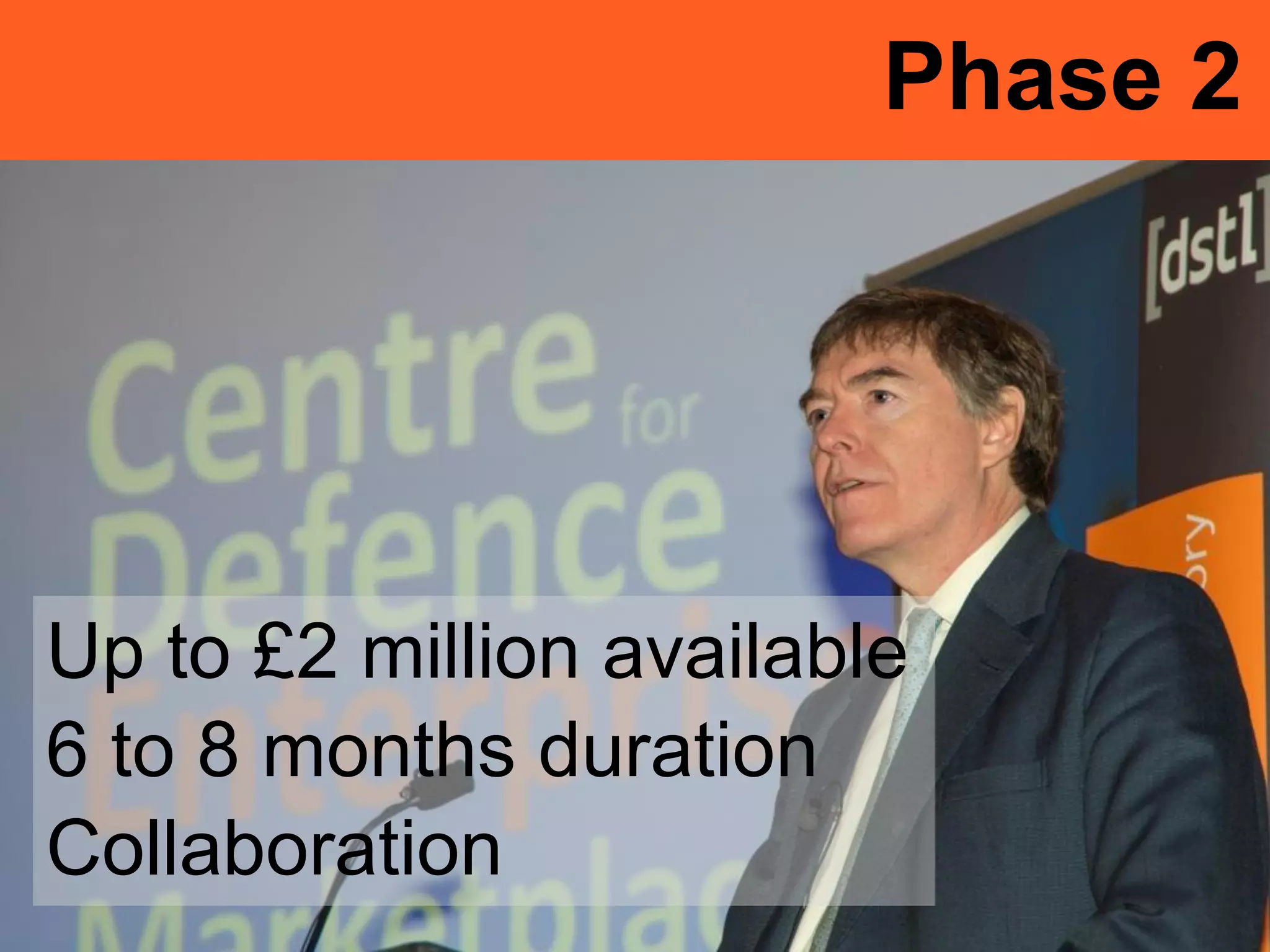 Up to £2 million available
6 to 8 months duration
Collaboration
Phase 2
 