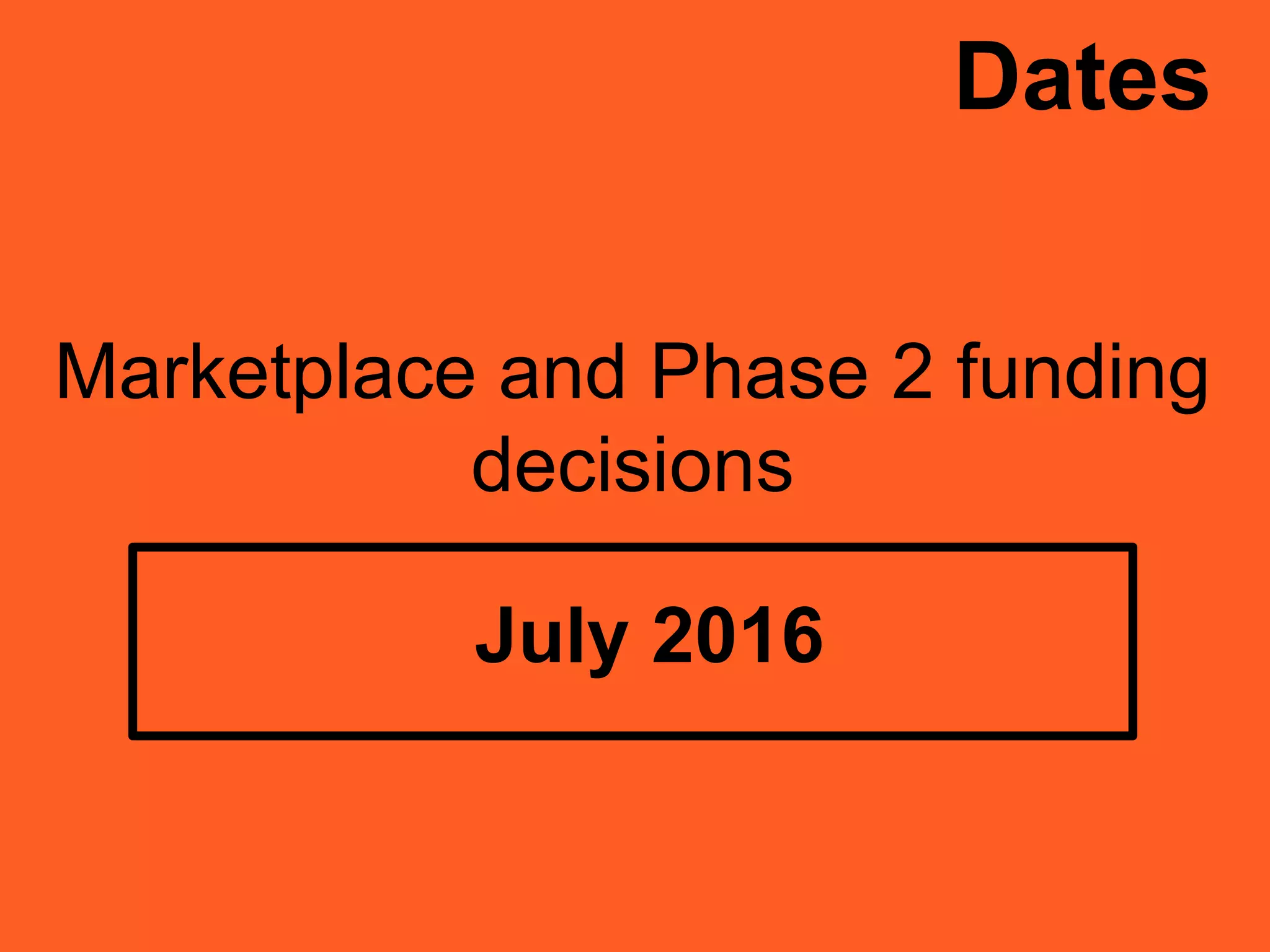 Marketplace and Phase 2 funding
decisions
Dates
July 2016
 