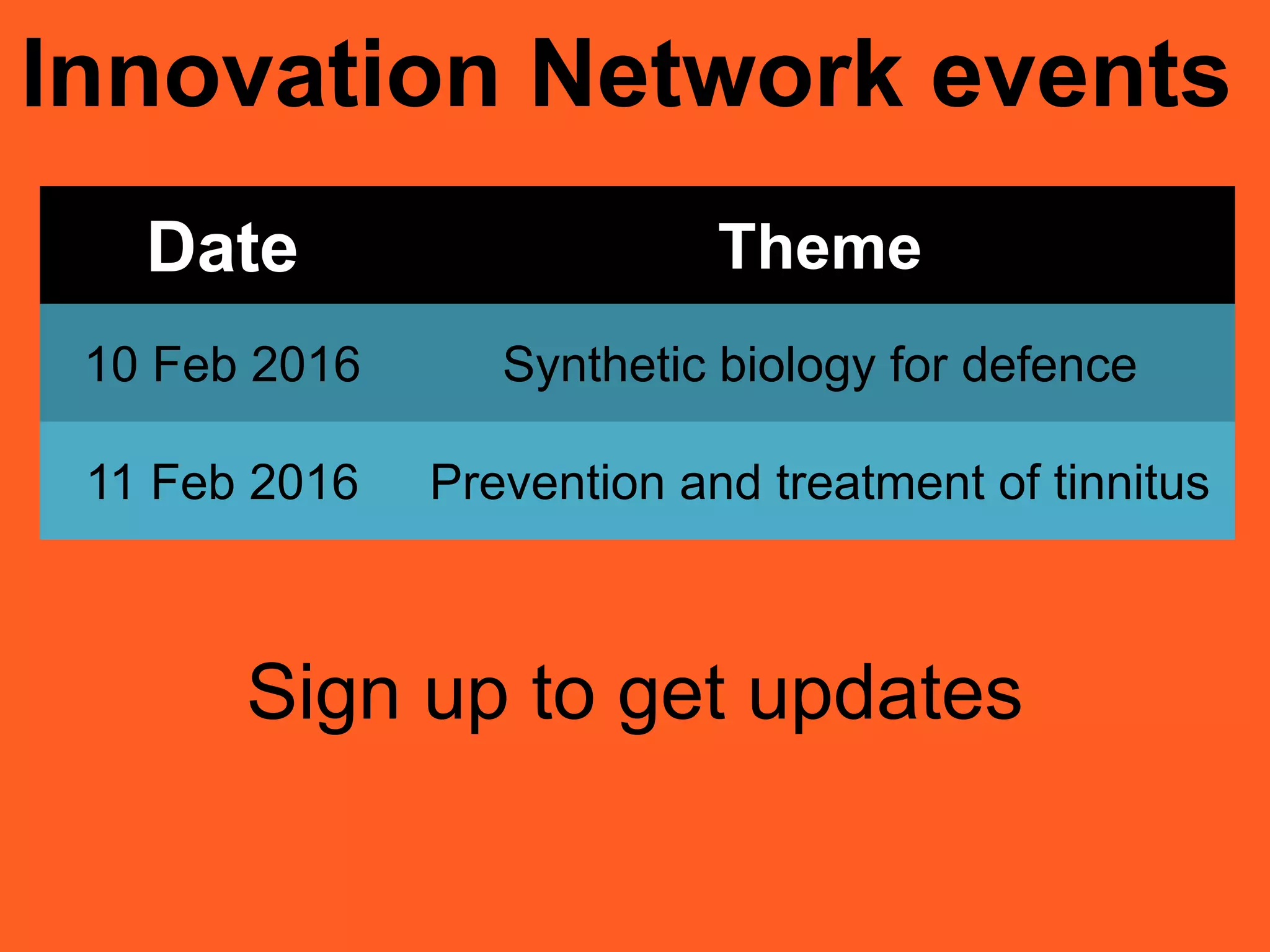 Innovation Network events
Date Theme
10 Feb 2016 Synthetic biology for defence
11 Feb 2016 Prevention and treatment of tinnitus
Sign up to get updates
 