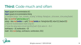 All rights reserved, © 2015 ICM UW
Third: Code much and often
14
import pyspark.ml.recommendation.ALS
import pyspark.ml.recommendation.Rating
// Transform Strings: "user_id,movie_id,rating" to Ratings: Rating(user_id:Int,movie_id:Int,rating:Double)
data = sc.textFile("path/to/data.csv")
ratings = data.map(lambda s: s.split(',')).map(lambda arr: Rating(int(arr[0]), int(arr[1]), float(arr[2]))
// Build the recommendation model using ALS
// Factor the rating matrix A=[n,m] into B=[n,f] and C=[f,m], where A ~= B x C
numFeatures = 10; numIterations = 20
model = ALS.train(ratings, numFeatures, numIterations, 0.01)
 