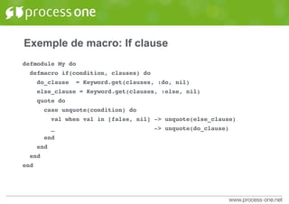 Exemple de macro: If clause
defmodule My do
defmacro if(condition, clauses) do
do_clause = Keyword.get(clauses, :do, nil)
else_clause = Keyword.get(clauses, :else, nil)
quote do
case unquote(condition) do
val when val in [false, nil] -> unquote(else_clause)
_ -> unquote(do_clause)
end
end
end
end
 