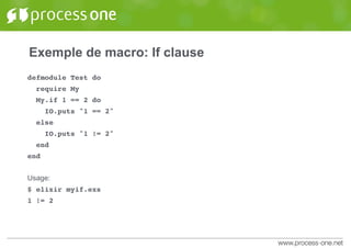 Exemple de macro: If clause
defmodule Test do
require My
My.if 1 == 2 do
IO.puts "1 == 2"
else
IO.puts "1 != 2"
end
end
Usage:
$ elixir myif.exs
1 != 2
 