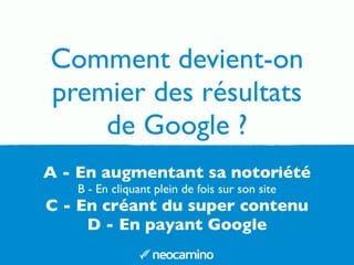 Comment devient-on
premier des résultats
de Google ?
A - En augmentant sa notoriété
B - En cliquant plein de fois sur son site
C - En créant du super contenu
D - En payant Google
 
