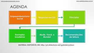 AGENDA
Empreendedorismo
Social
Negócios sociais Princípios
Exemplos
brasileiros
Mude, Você, o
Mundo!
Recomendações
de leit...