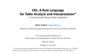 CRL: A Rule Language
for Table Analysis and Interpretation*
in Unstructured Tabular Data Integration
Alexey Shigarov, shigarov@icc.ru
Matrosov Institute for System Dynamics and Control Theory of SB RAS
17th International Conference on
Data Analytics and Management in Data Intensive Domains
Obninsk, Russia
October 13-16, 2015
* This work was financially supported by the Russian Foundation for Basic Research (Grant No. 15-37-20042)
and the Council for grants of the President of the Russian Federation (Scholarship No. SP-3387.2013.5)
 