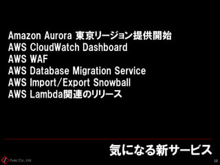 Fusic Co., Ltd.
Amazon Aurora 東京リージョン提供開始
AWS CloudWatch Dashboard
AWS WAF
AWS Database Migration Service
AWS Import/Export Snowball
AWS Lambda関連のリリース
気になる新サービス
12
 
