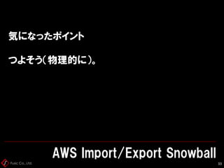 Fusic Co., Ltd.
気になったポイント
つよそう（物理的に）。
AWS Import/Export Snowball
33
 