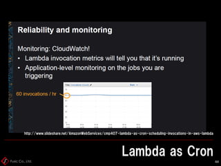 Fusic Co., Ltd.
Lambda as Cron
44
http://www.slideshare.net/AmazonWebServices/cmp407-lambda-as-cron-scheduling-invocations-in-aws-lambda
 