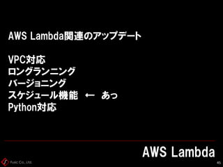 Fusic Co., Ltd.
AWS Lambda関連のアップデート
VPC対応
ロングランニング
バージョニング
スケジュール機能 ← あっ
Python対応
AWS Lambda
45
 