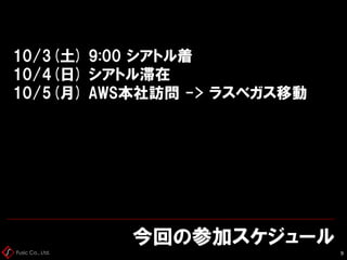 Fusic Co., Ltd.
10/3(土) 9:00 シアトル着
10/4(日) シアトル滞在
10/5(月) AWS本社訪問 -> ラスベガス移動
今回の参加スケジュール
9
 