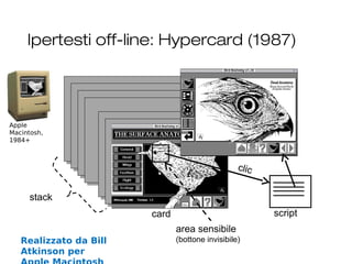 stack
card
area sensibile
(bottone invisibile)
script
clic
Ipertesti off-line: Hypercard (1987)
6
Realizzato da Bill
Atkinson per
Apple
Macintosh,
1984+
 