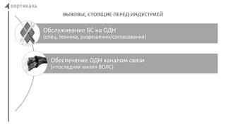 ВЫЗОВЫ, СТОЯЩИЕ ПЕРЕД ИНДУСТРИЕЙ
Обслуживание БС на ОДН
(спец. техника, разрешения/согласования)
Обеспечение ОДН каналом связи
(«последняя миля» ВОЛС)
 