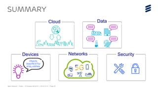Björn Ekelund | Public | © Ericsson AB 2015 | 2015-10-14 | Page 23
summary
Devices
Objects
Web/RESTful
IP/6LoWPAN
DataCloud
Networks Security
 