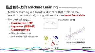 維基百科上的 Machine Learning
• Machine learning is a scientific discipline that explores the
construction and study of algorithms that can learn from data.
• the desired output:
– Classification (分類)
– Regression (迴歸分析)
– Clustering (分群)
– Density estimation
– Dimensionality Reduction
Classification (分類)
Clustering (分群)
Regression (迴歸分析)
http://en.wikipedia.org/wiki/Machine_learning
 