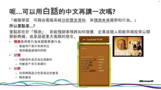 呃…可以用白話的中文再講一次嗎?
「機器學習，可藉由電腦系統分析歷史資料，來預測未來趨勢和行為。」
所以重點是…?
重點即在於「預測」，若能預期事情將如何發展，企業或個人即能早期投資以開
創新商機、或是迴避重大風險的發生。
• 預測使用者行為來調整商業行為
– 根據用戶喜好推薦商品
– 預測機器損壞的時間
• 分類
– 判斷信件是否為垃圾郵件
– 判斷客戶是否會續約
• 分群
– 社群網路區分性質相近的會員
– 精準廣告
24
 